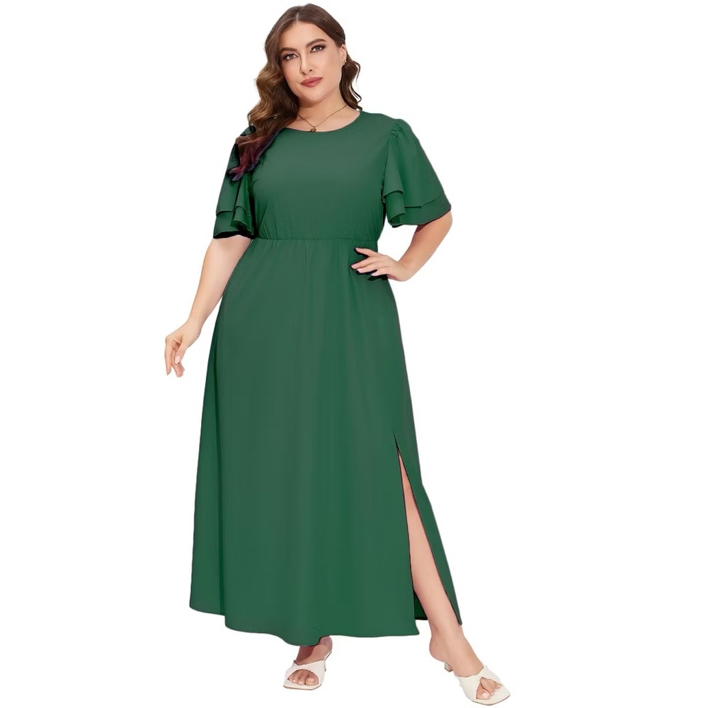 Women's Plus Size 4x Dark Green Short Sleeve Flowy Midi Dress with Pockets